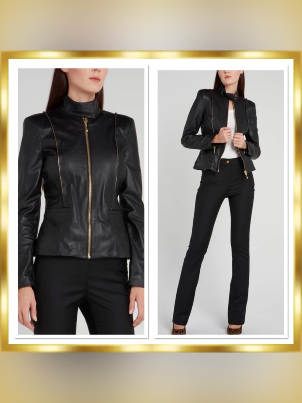 Just Cavalli Black Leather Jacket with Gold Hardware Racer Tailored RARE $1,270
